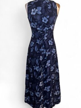 Vintage navy floral rayon midi dress with the cutest lace-up corset back